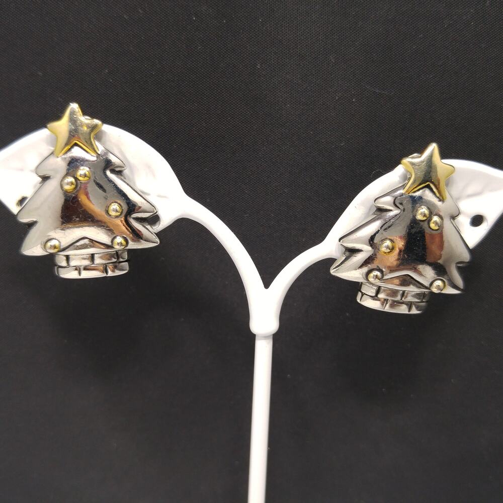 Christmas Tree Clip Earrings, Silver Gold Tone, 1980s Jewelry